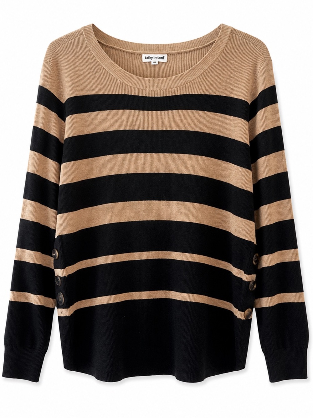 Kathy Ireland Tan Black Striped Button Sleeve Sweater 1X